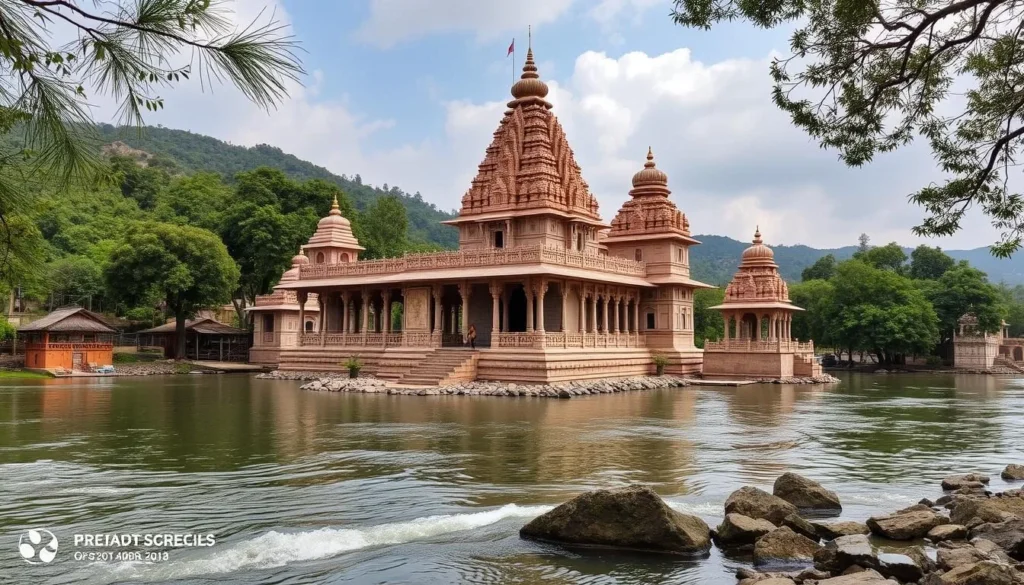 Generate an image of Vedvyas Temple at the confluence of the three rivers.