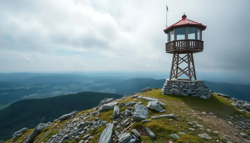 Generate an image of Velká Javořina's summit with the Jelenec Lookout Tower.