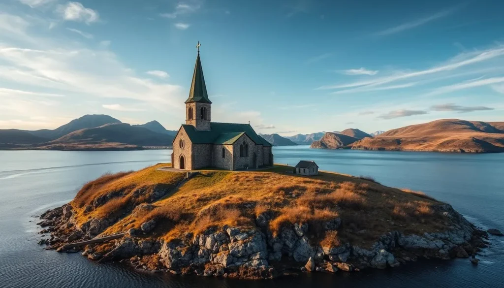 Generate an image of Veøya Island with its medieval church and historical significance.