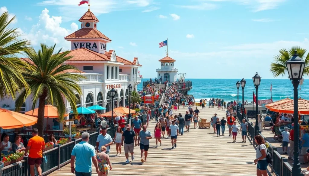 Generate an image of Vergara Pier, capturing its picturesque setting and lively atmosphere.
