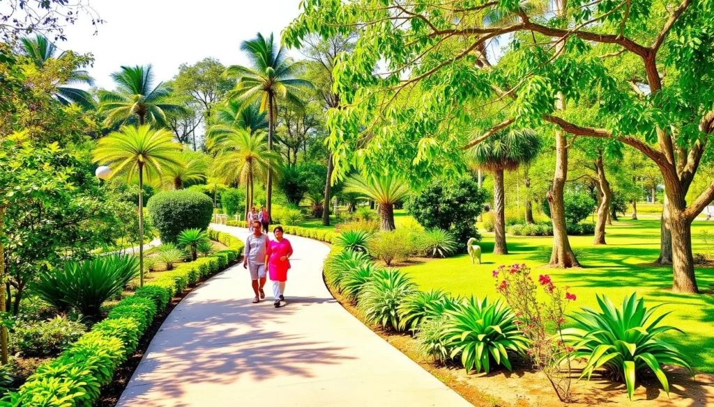 Generate an image of Victoria Park, Bhavnagar, showcasing its lush greenery and walking trails.