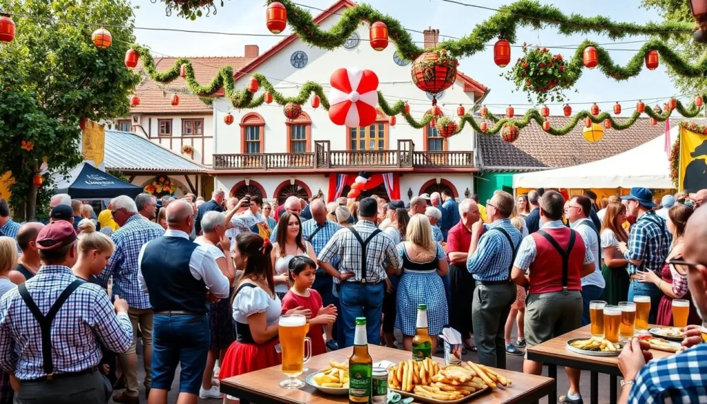 Generate an image of Villa General Belgrano during Oktoberfest, with people in traditional German attire enjoying beer and food.