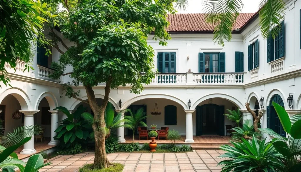 Generate an image of Villa Maya's beautifully restored 18th-century Dutch mansion with an open courtyard.