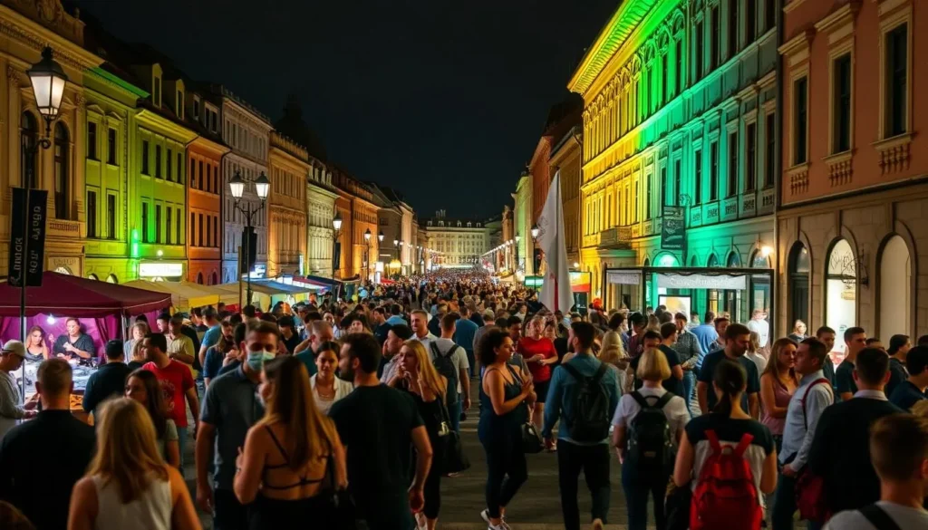 Generate an image of Vilnius city streets filled with people enjoying various cultural events on Culture Night.