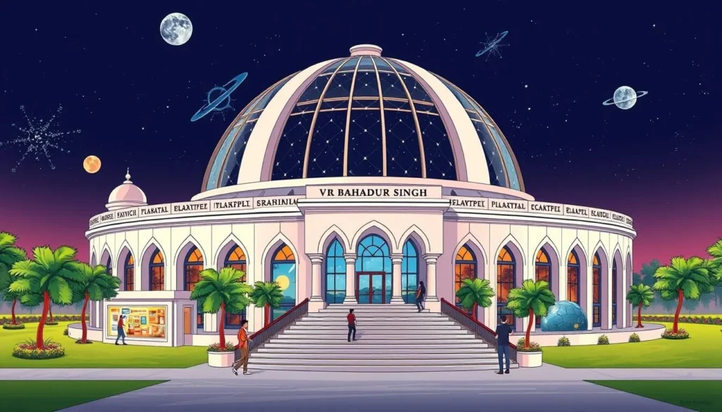 Generate an image of Vir Bahadur Singh Planetarium Gorakhpur, highlighting its unique architecture and educational exhibits.
