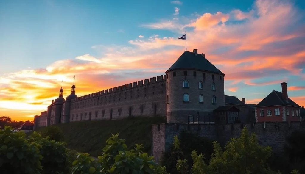 Generate an image of Visby's medieval city wall at sunset.