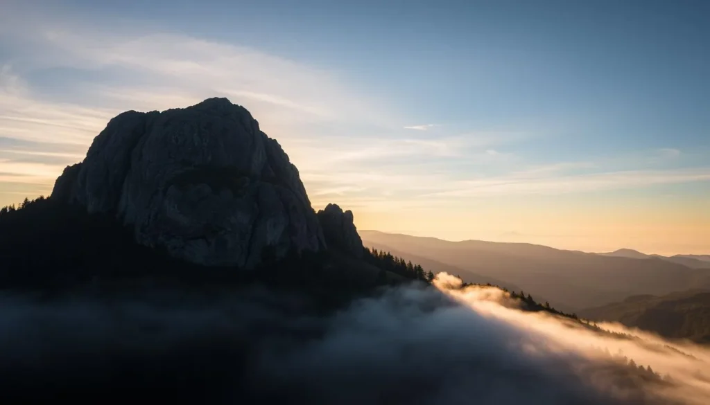 Generate an image of Voltzberg granite inselberg at sunrise with mist surrounding the base.