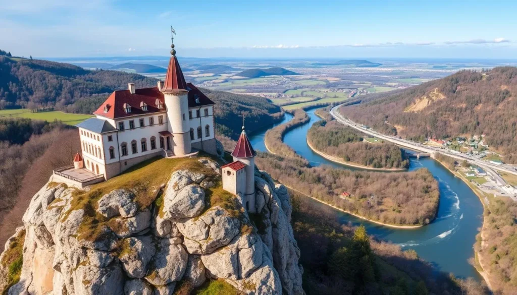 Generate an image of Vranov nad Dyjí Chateau perched on a rock with the Dyje River valley in the background.