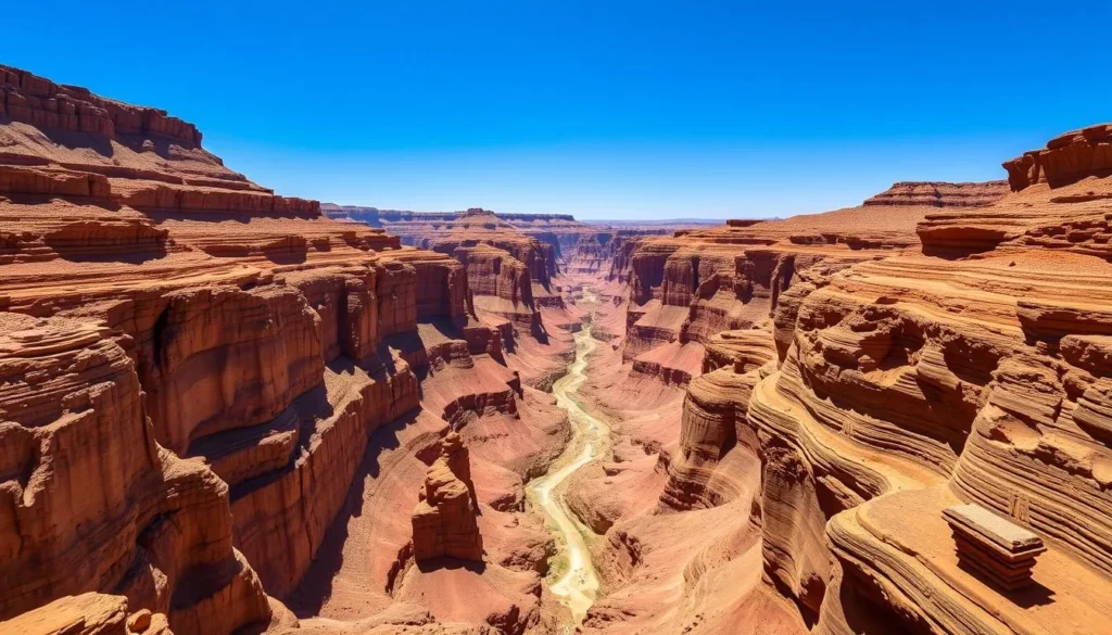 Generate an image of Wadi Ghul, known as the Grand Canyon of Arabia, showcasing its vast and deep canyon system.