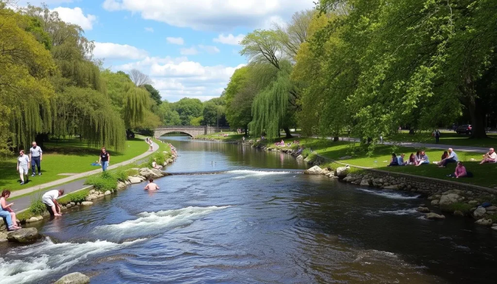 Generate an image of Wandle Park with the River Wandle flowing through it and people enjoying the surroundings.