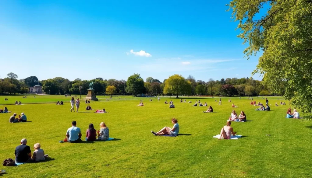 Generate an image of Wanstead Flats and Park on a sunny day with people enjoying picnics and walking in the distance.