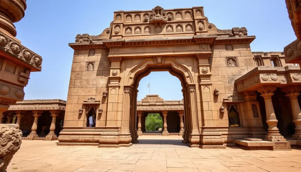 Generate an image of Warangal Fort's majestic stone gateways, Kirti Toranas, showcasing intricate carvings and historical significance. Generate an image of Warangal Fort's majestic stone gateways, Kirti Toranas, showcasing intricate carvings and historical significance.