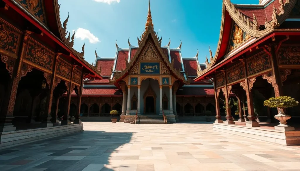 Generate an image of Wat Buddhapadipa's serene temple grounds, featuring its traditional Thai architecture and beautiful interior frescoes.