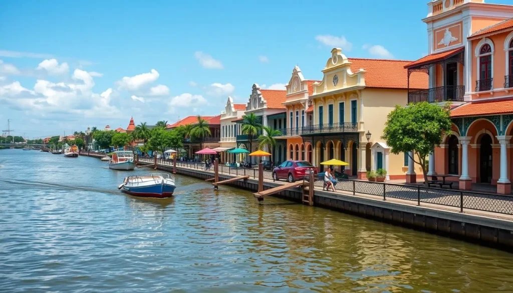 Generate an image of Waterkant in Paramaribo, Suriname, showcasing its picturesque riverside boulevard and historic colonial-era buildings.