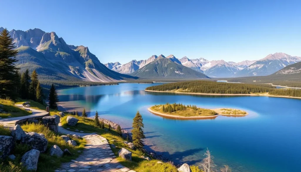 Generate an image of Waterton Lakes National Park with crystal-clear lakes and scenic hiking trails.