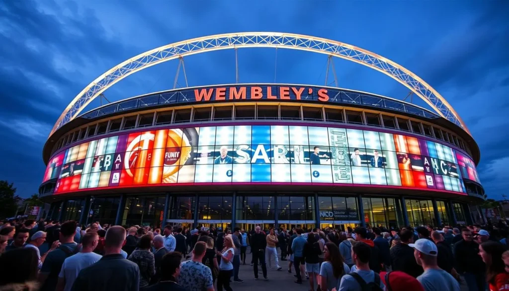 Generate an image of Wembley Stadium's exterior with a crowd of people outside.