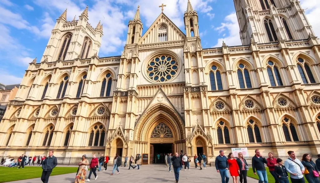 Generate an image of Westminster Abbey's exterior with visitors walking towards the entrance.