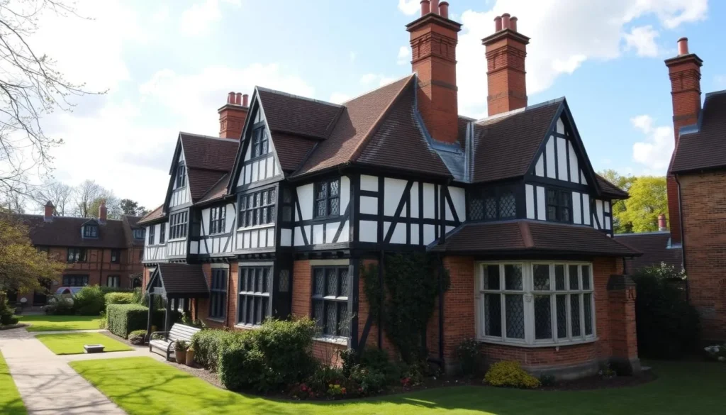 Generate an image of Whitgift Almshouses' Tudor architecture