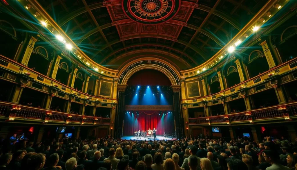 Generate an image of Wilton's Music Hall's grand interior during a performance.