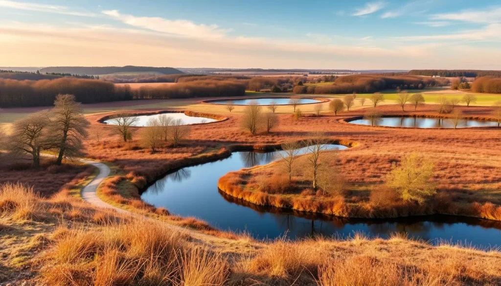 Generate an image of Wimbledon Common's heathland landscape with walking trails and lakes.
