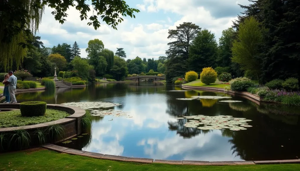 Generate an image of Wimbledon Park's serene lake and beautifully landscaped grounds.