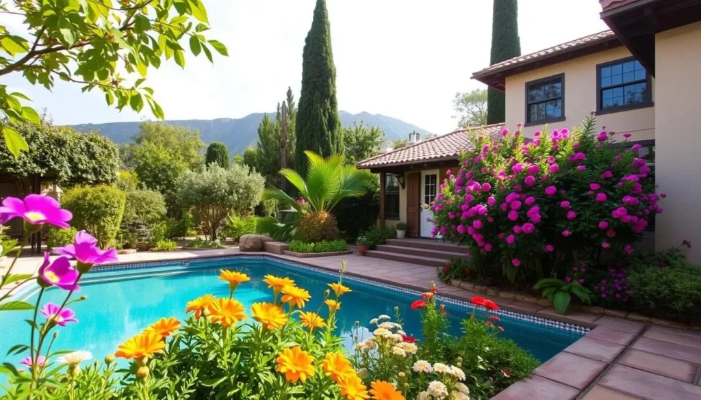 Generate an image of Wine Lodge Narbona's picturesque gardens and a tranquil pool.