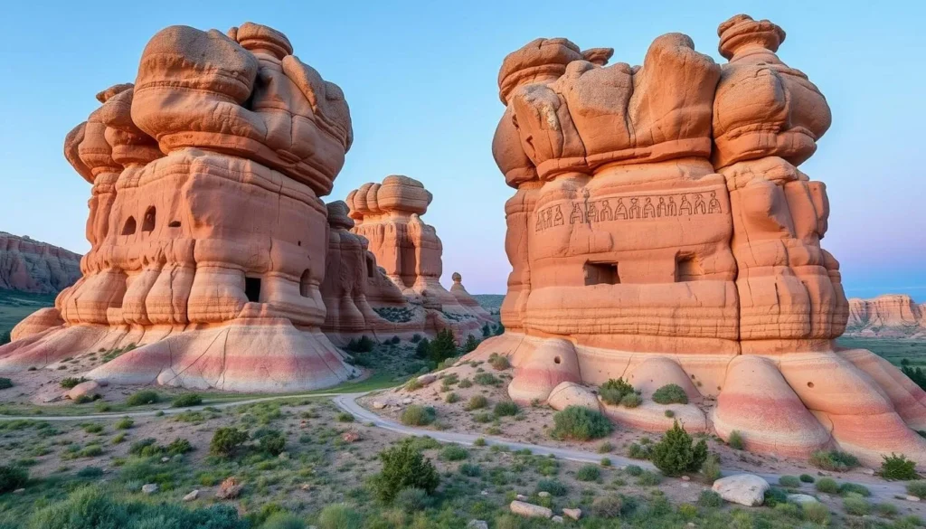 Generate an image of Writing-on-Stone Provincial Park with hoodoos and ancient rock carvings.