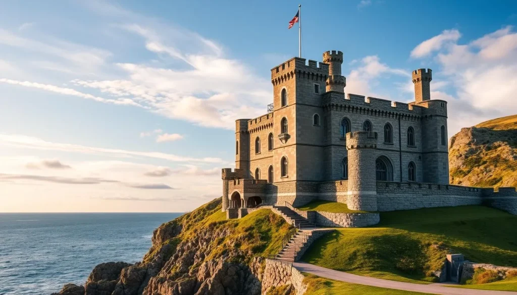 Generate an image of Wulff Castle, highlighting its unique architecture and stunning ocean views.