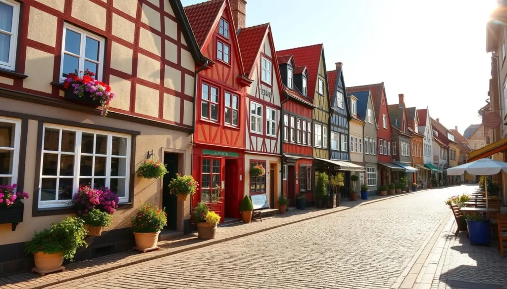 Generate an image of Ystad's historic town center with cobblestone streets and colorful half-timbered houses.
