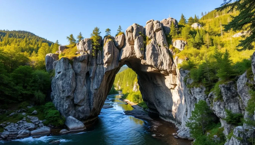 Generate an image of Zemská Brána, a rocky gateway near the Divoká Orlice River in the Orlicke Mountains.