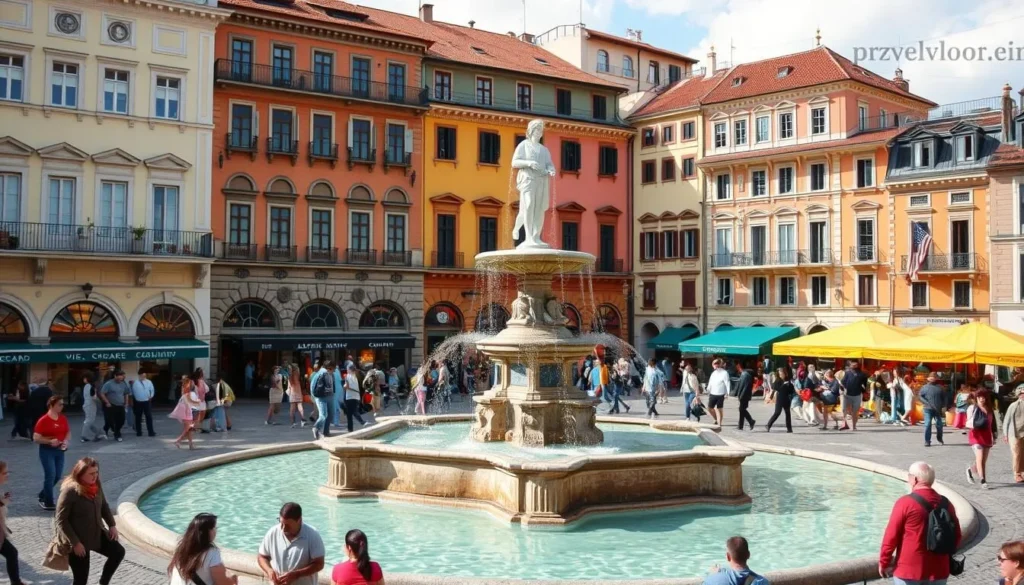Generate an image of Zizka Square with its vibrant atmosphere, historic buildings, and the Renaissance Fountain.
