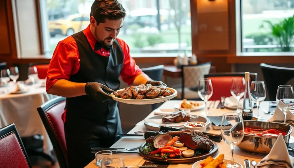 Generate an image of a Fogo de Chão server bringing a variety of meats to a table.