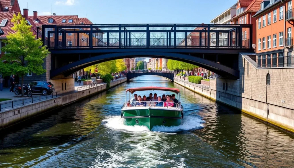 Generate an image of a Paddan boat tour navigating through Gothenburg's canals under a low bridge.