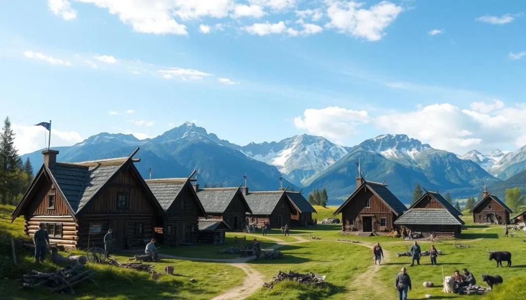 Generate an image of a Viking village in Norway
