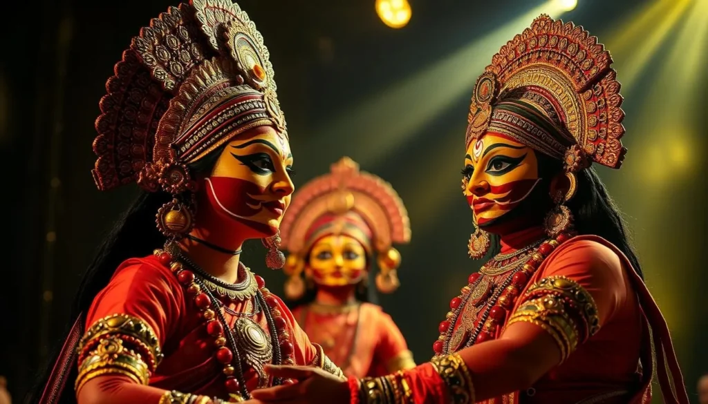 Generate an image of a Yakshagana performance, highlighting the elaborate costumes and facial makeup.