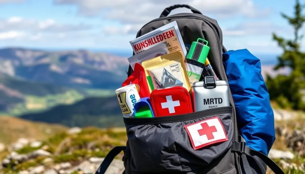 Generate an image of a backpack with hiking essentials for the Kungsleden Trail