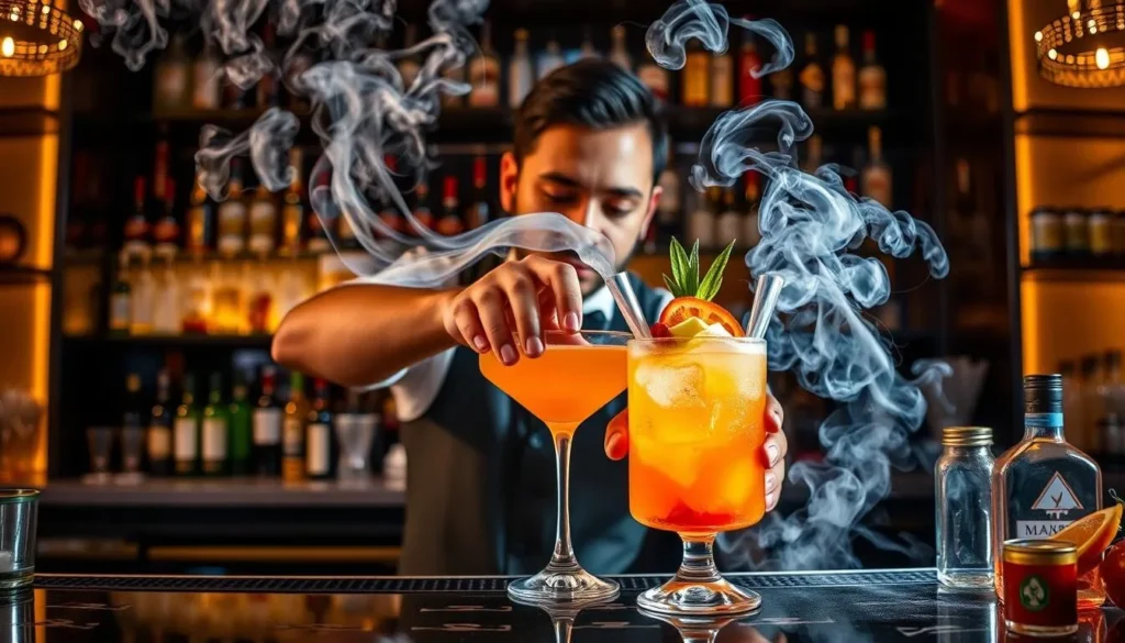 Generate an image of a bartender creating a cocktail with smoke and colorful ingredients at barmini.
