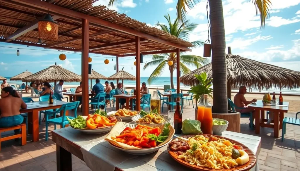 Generate an image of a beachside restaurant in Palomino, Colombia, serving local cuisine.
