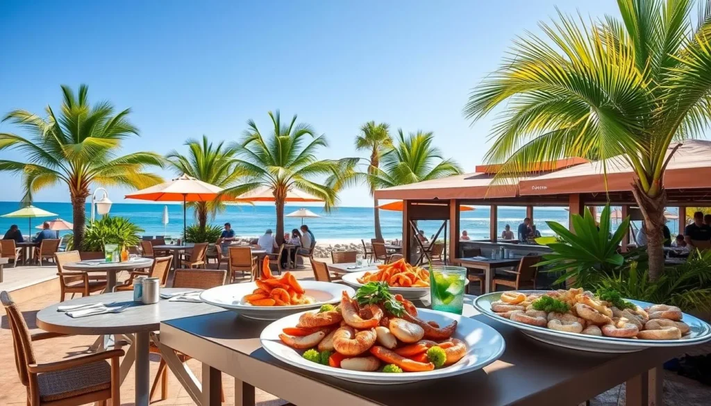 Generate an image of a beachside restaurant on Ilha do Farol, serving fresh seafood.