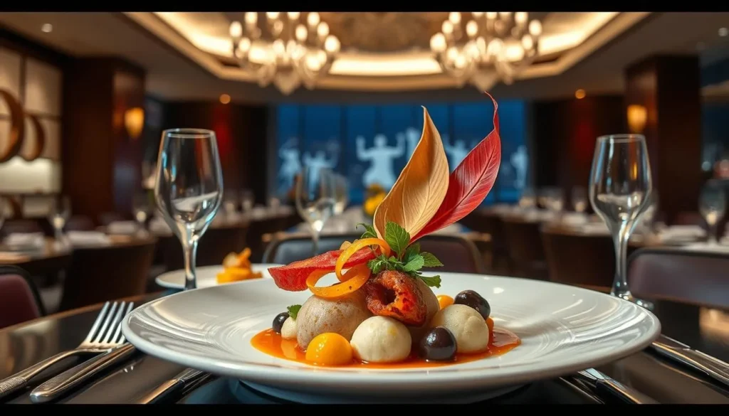 Generate an image of a beautifully presented, creative dish in an upscale dining environment.