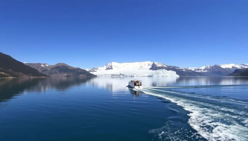 Generate an image of a boat crossing Svartisvatnet Lake with Austerdalsisen glacier arm visible in the distance.