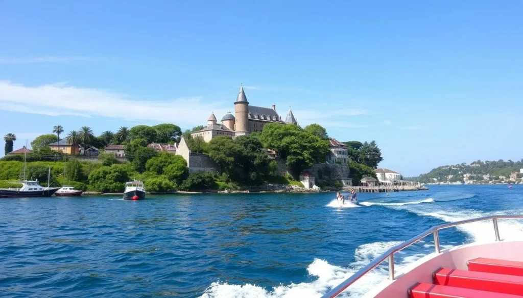 Generate an image of a boat tour approaching the Îles du Salut, with the lush greenery and historic buildings visible.