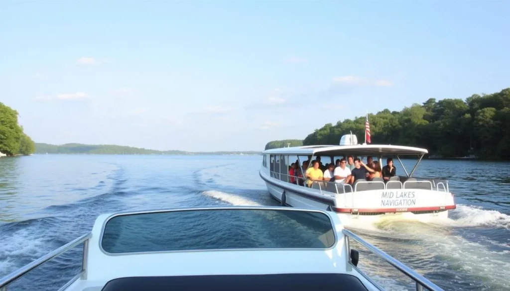 Generate an image of a boat tour on Skaneateles Lake with Mid-Lakes Navigation