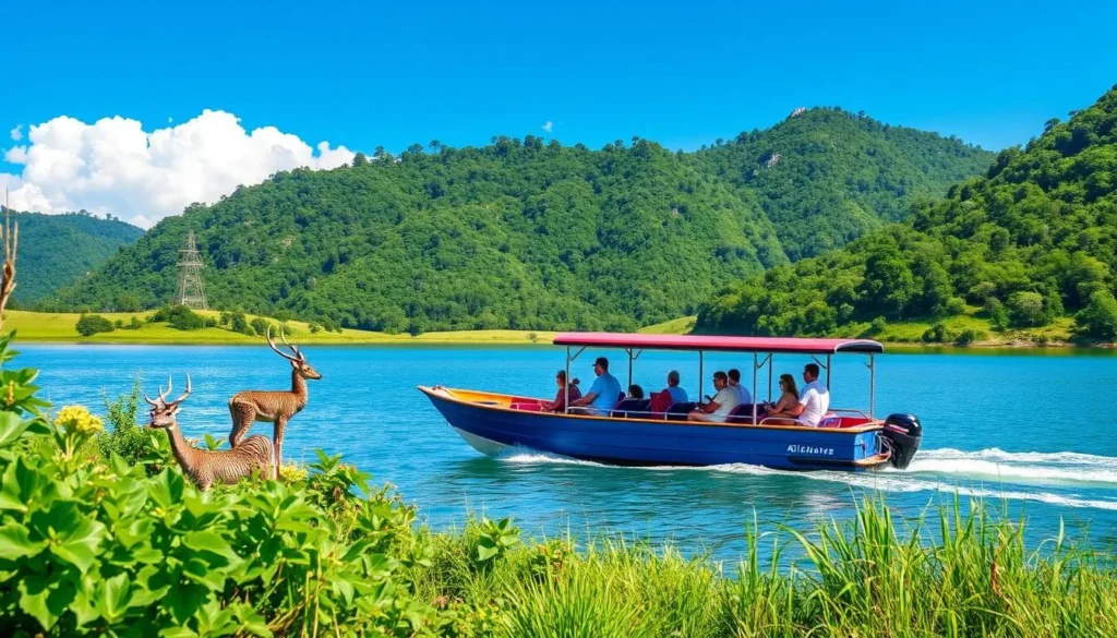 Generate an image of a boat tour on the Brokopondo Reservoir