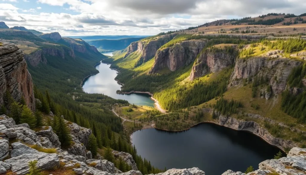 Generate an image of a breathtaking landscape in Jämsä, Finland, featuring rugged ravines and serene lakes.