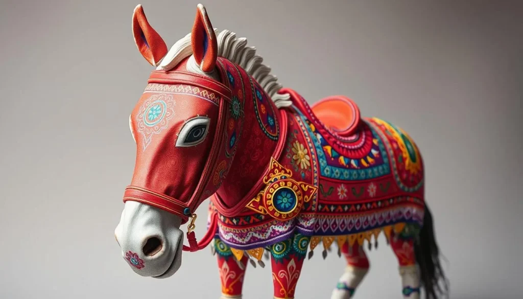 Generate an image of a brightly colored Dala horse with intricate patterns.