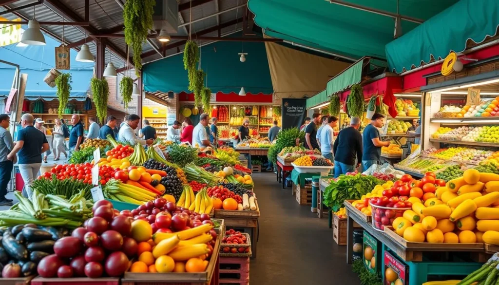 Generate an image of a bustling farmers' market with fresh produce on display.