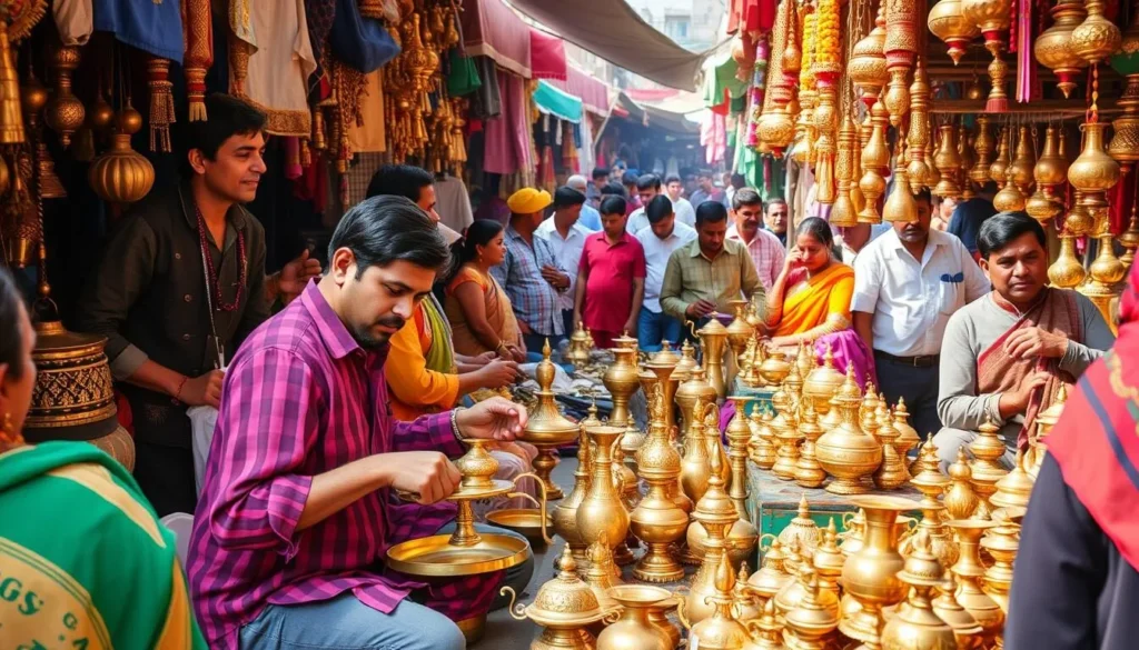 Generate an image of a bustling local market in Moradabad with artisans selling brass handicrafts.
