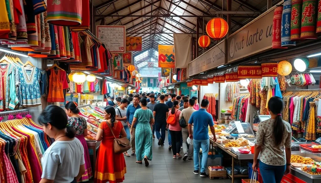 Generate an image of a bustling marketplace with stalls selling traditional clothing and street food.
