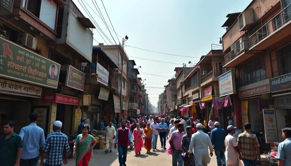 Generate an image of a bustling shopping street in Gorakhpur, Uttar Pradesh, with a mix of traditional and modern shops.